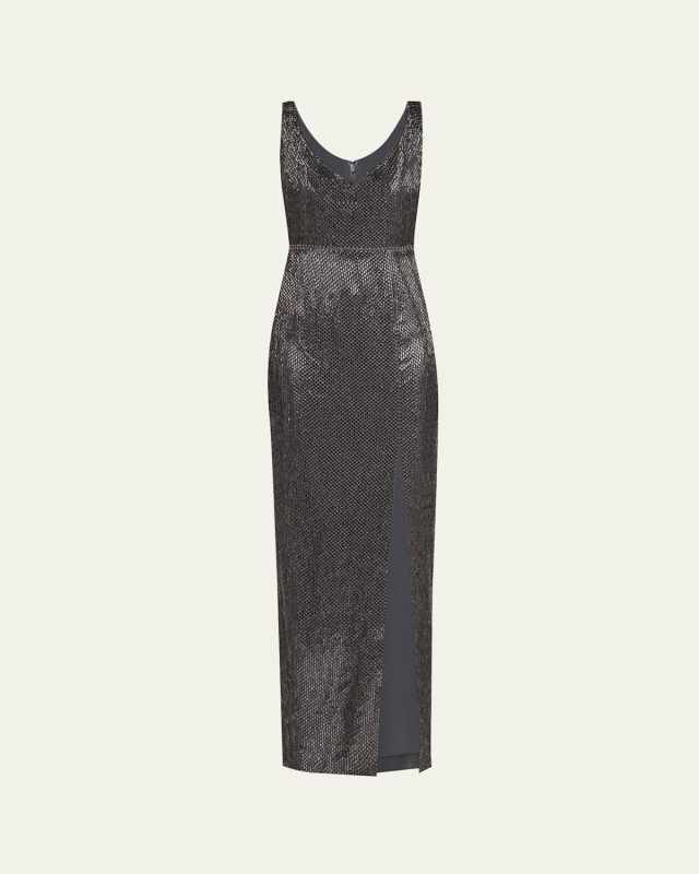 V-Neck Diamante Crepe Sleeveless Gown
